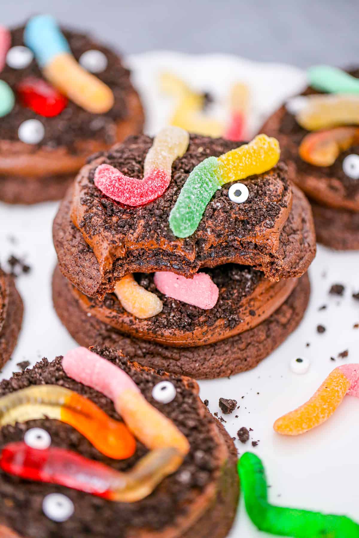 Gummy Worm Dirt Brownie Cookies recipe chocolate frosting halloween dessert