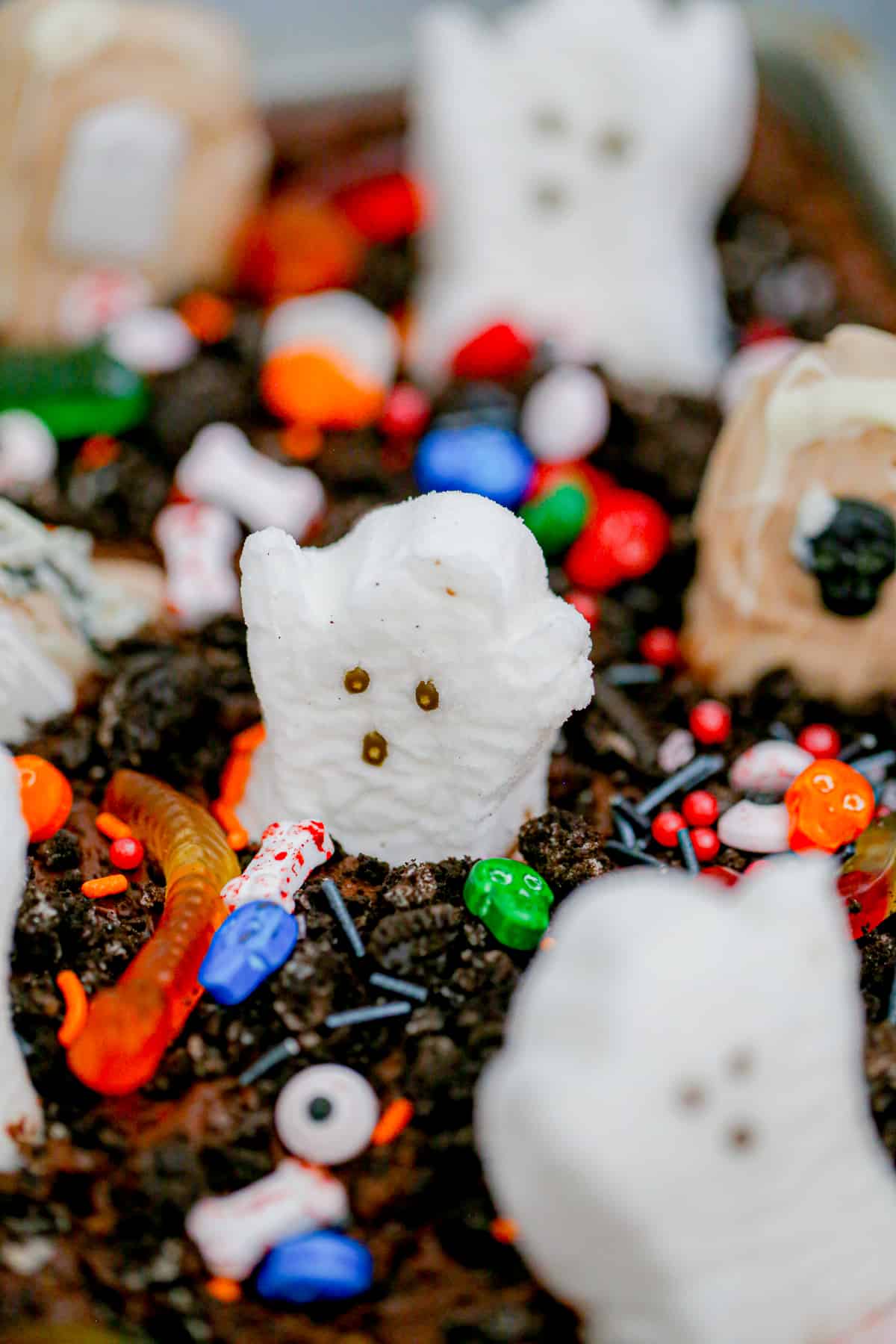 Halloween Graveyard Dirt Cake recipe ghost candy chocolate