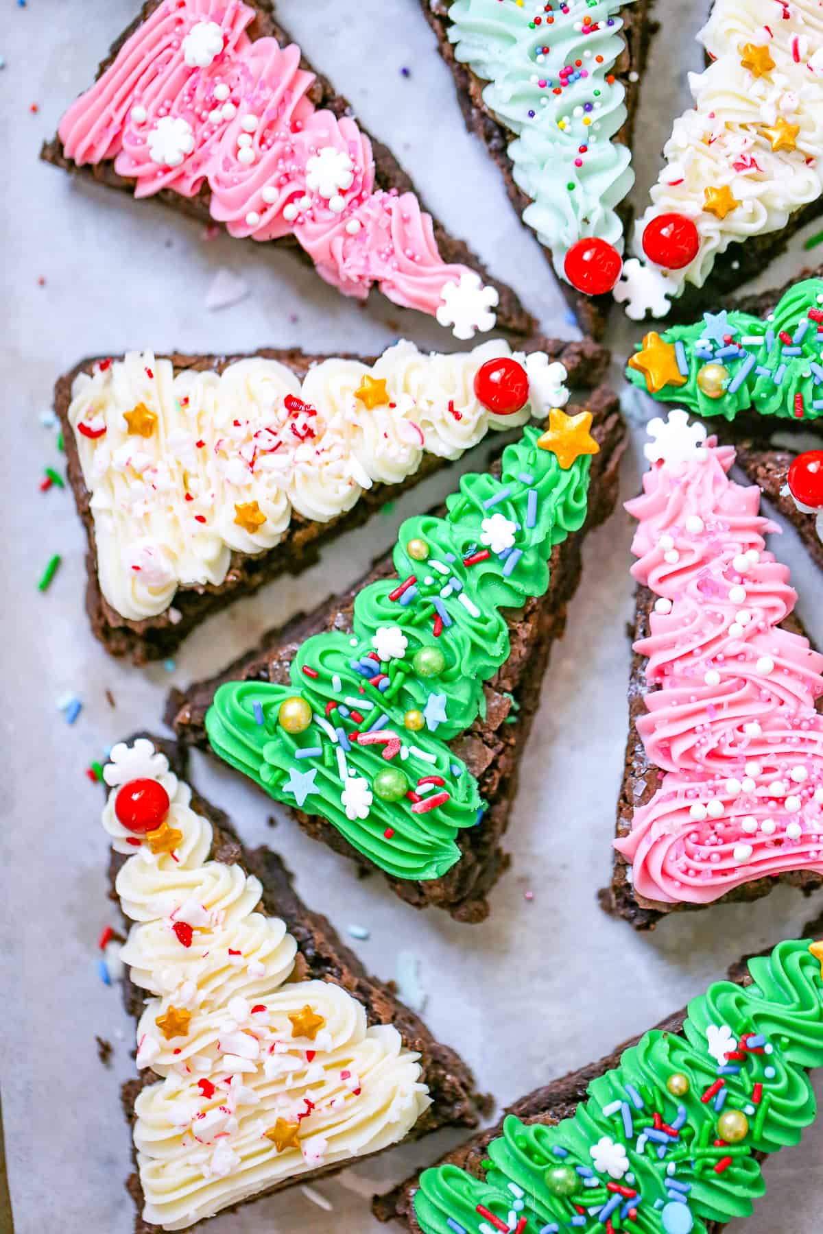 Easy Brownie Christmas Tree Treats recipe with frosting and sprinkles