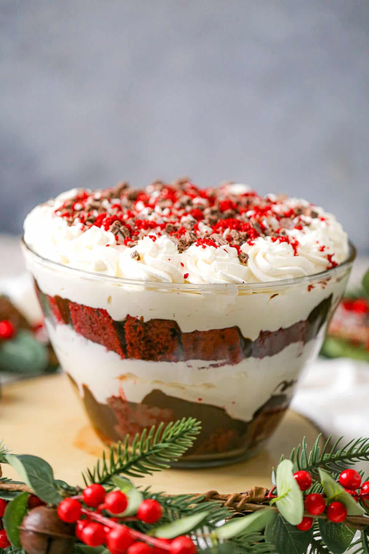 red velvet cream cheese trifle dessert recipe Christmas or Valentine's Day