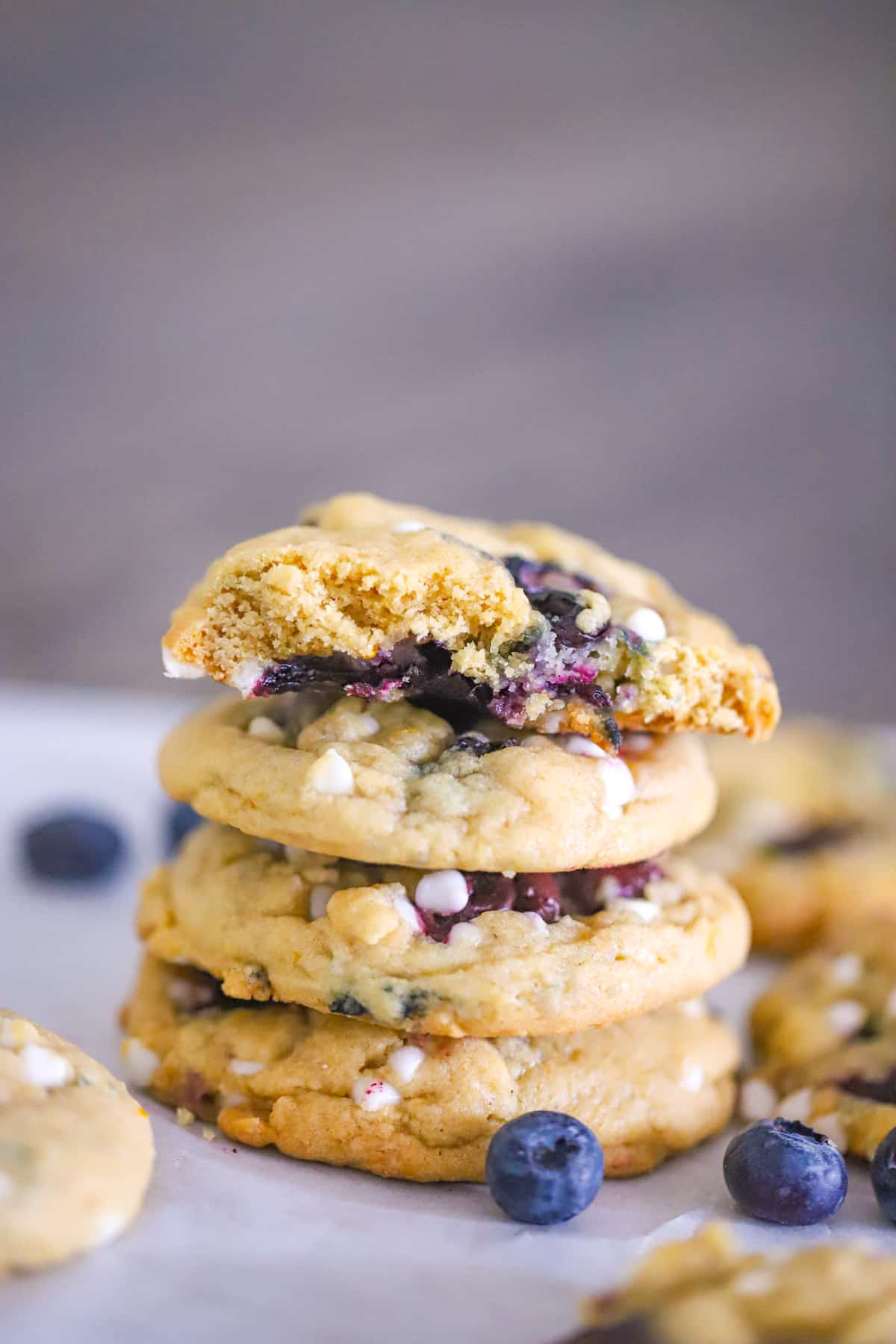 stack of blueberry cookies with white chocolate chips