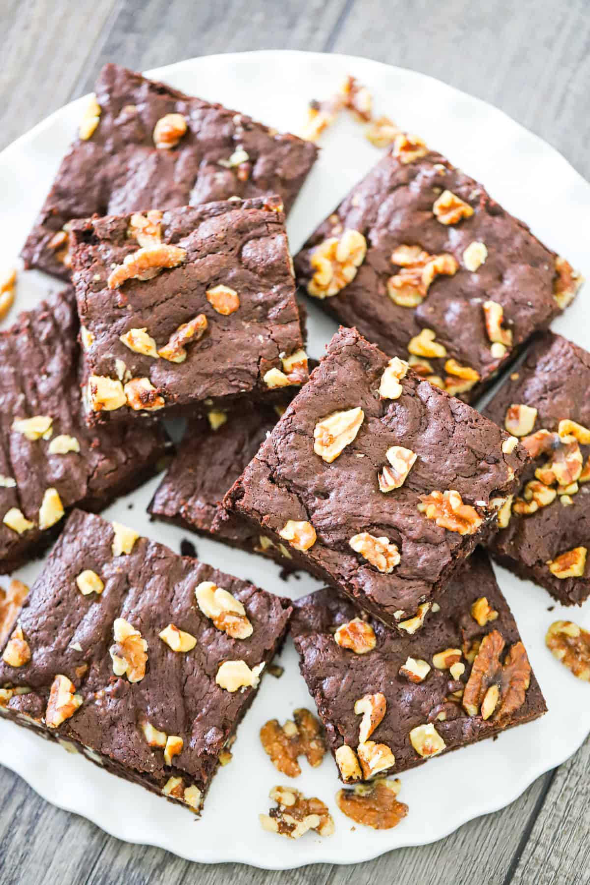 easy chunky chocolate walnut brownies on a plate