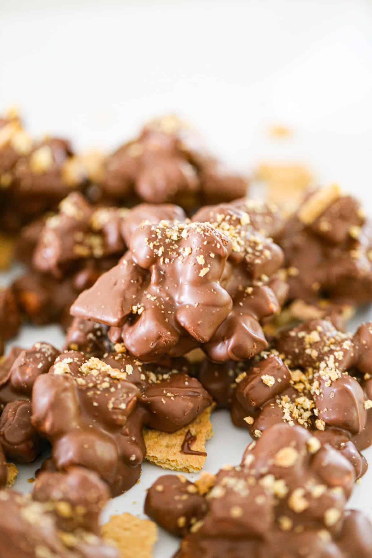 Close-up of fluffy S'mores Clusters with melted chocolate and graham crackers