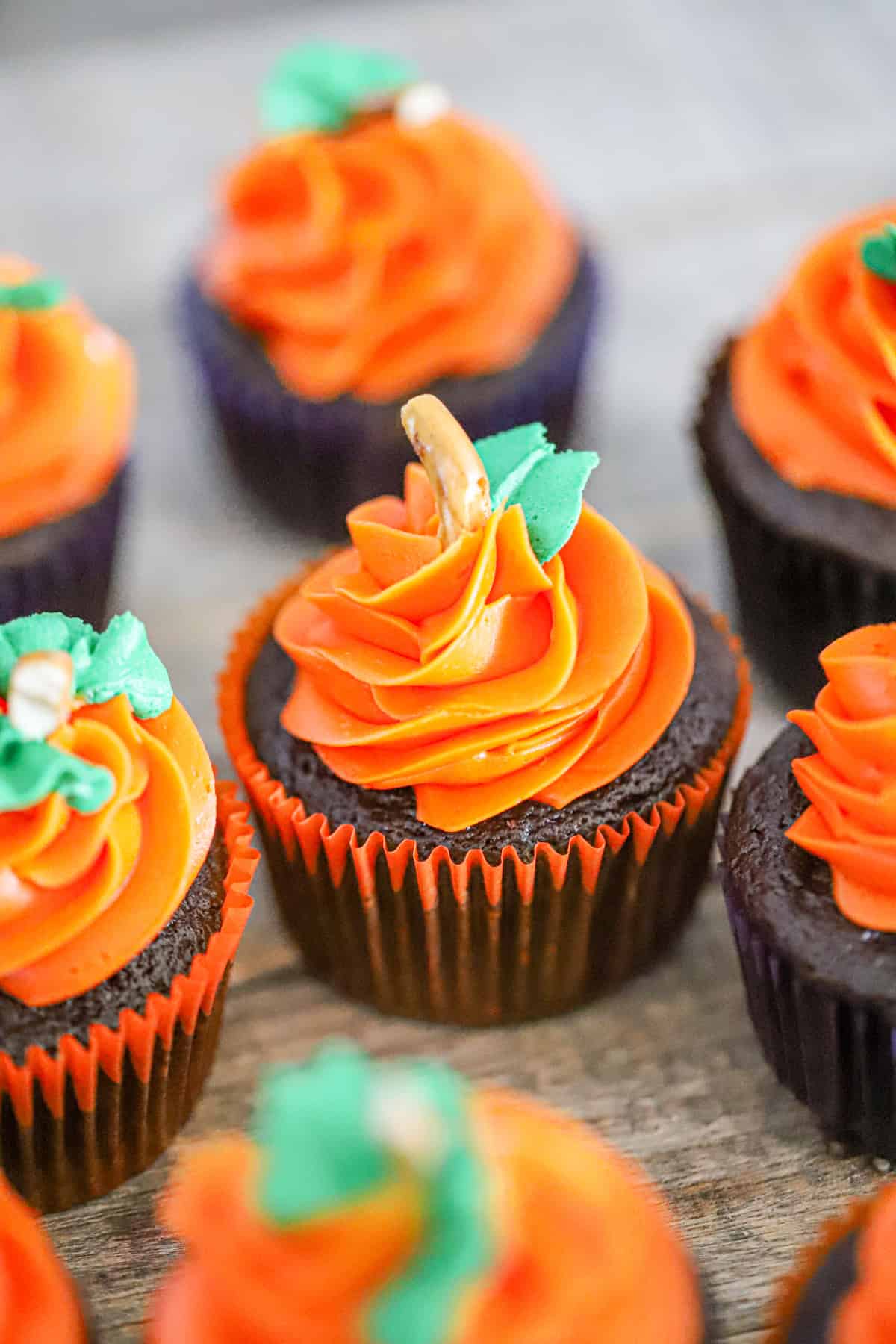 Whimsical Pumpkin Patch Chocolate Cupcakes 2 Decorated pumpkin patch chocolate cupcakes, perfect for fall holidays