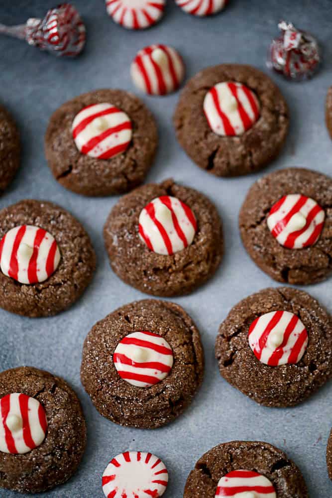 Close-up of Milk Chocolate Peppermint Kiss cookie dough balls rolled in sugar