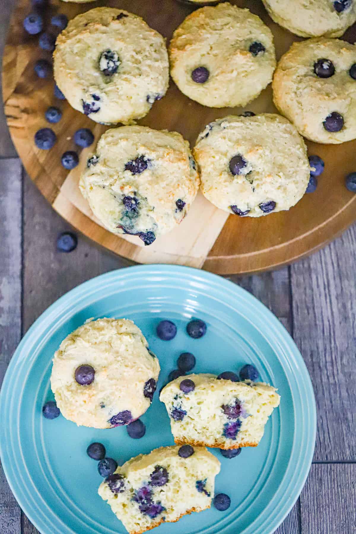 freshly baked blueberry cottage cheese muffins on a tray