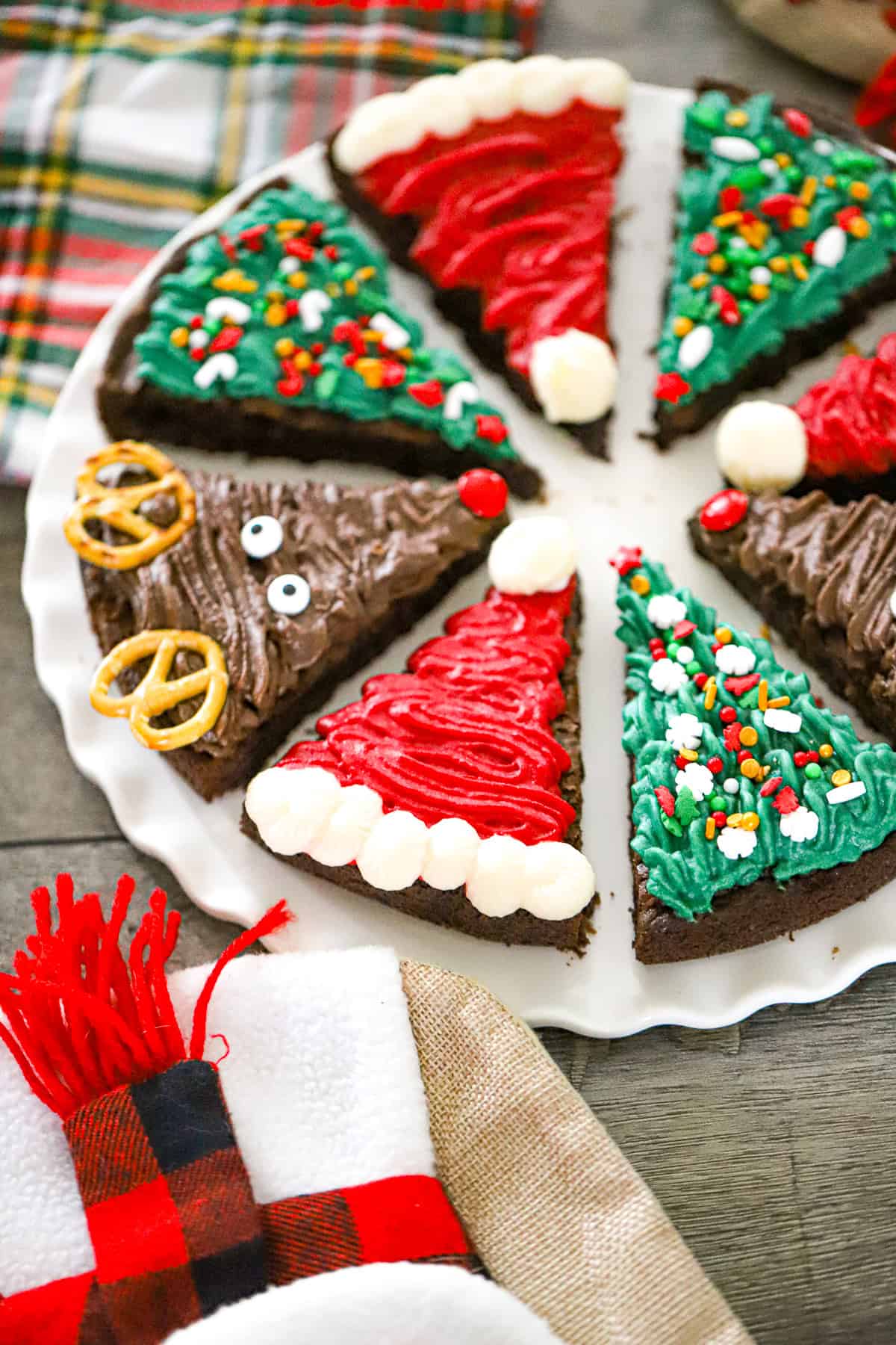 santa hat brownies and reindeer brownies on plate SANTA HAT, TREE AND REINDEER