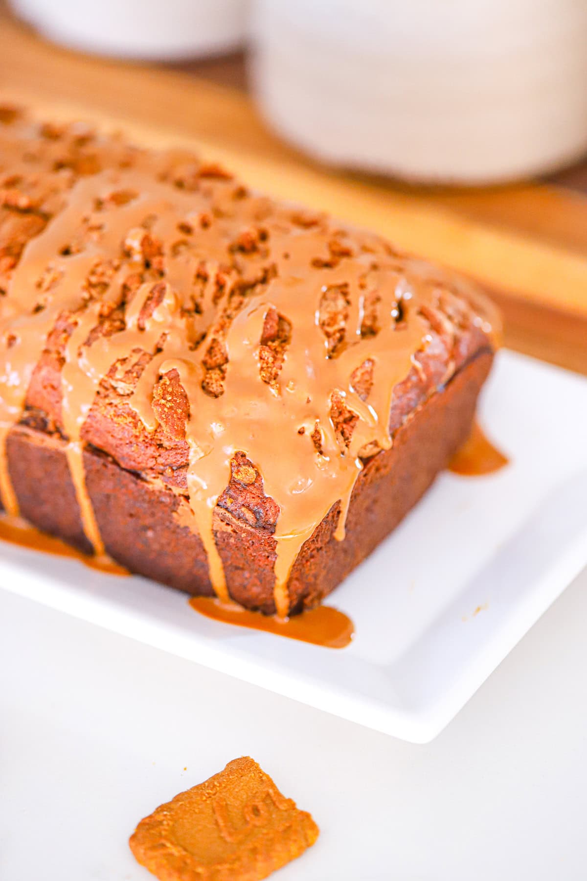 Sliced cookie butter banana bread showing the swirled interior