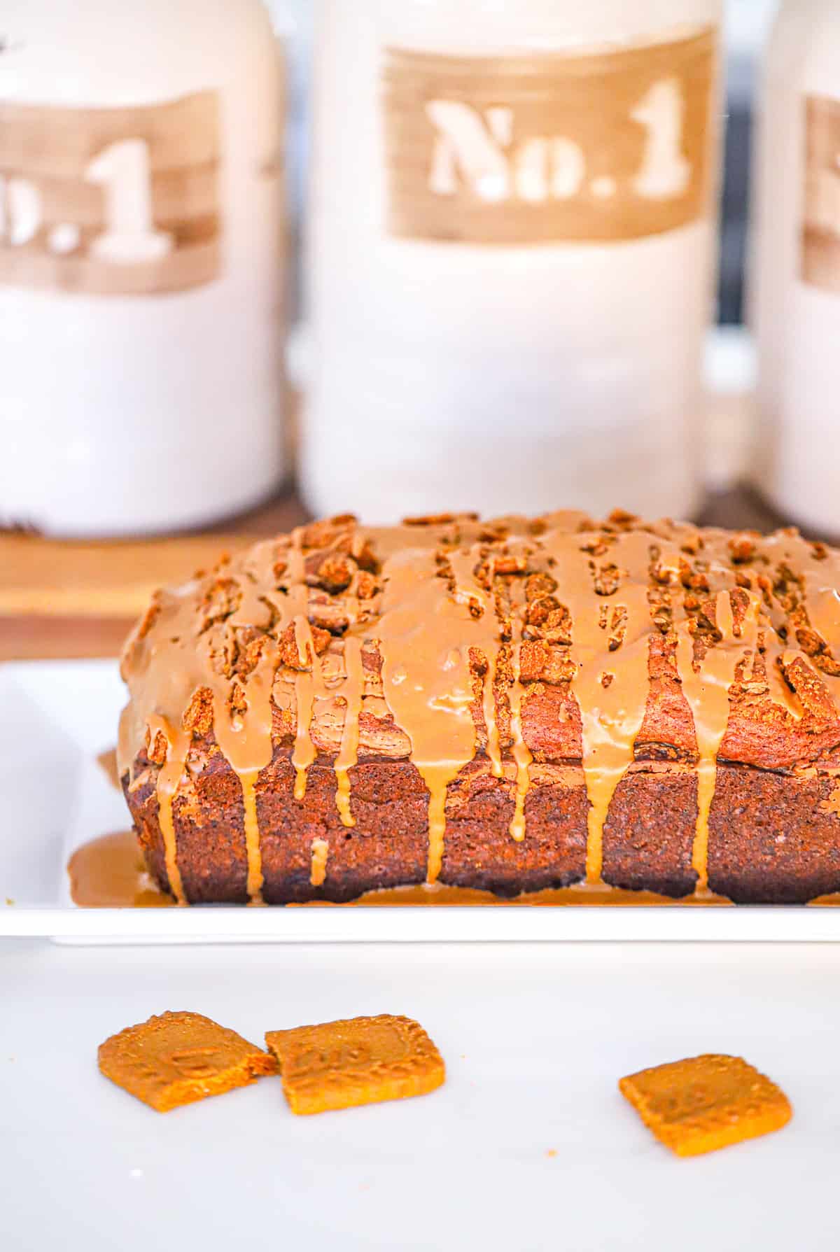 Close-up of moist Biscoff banana bread crumb texture