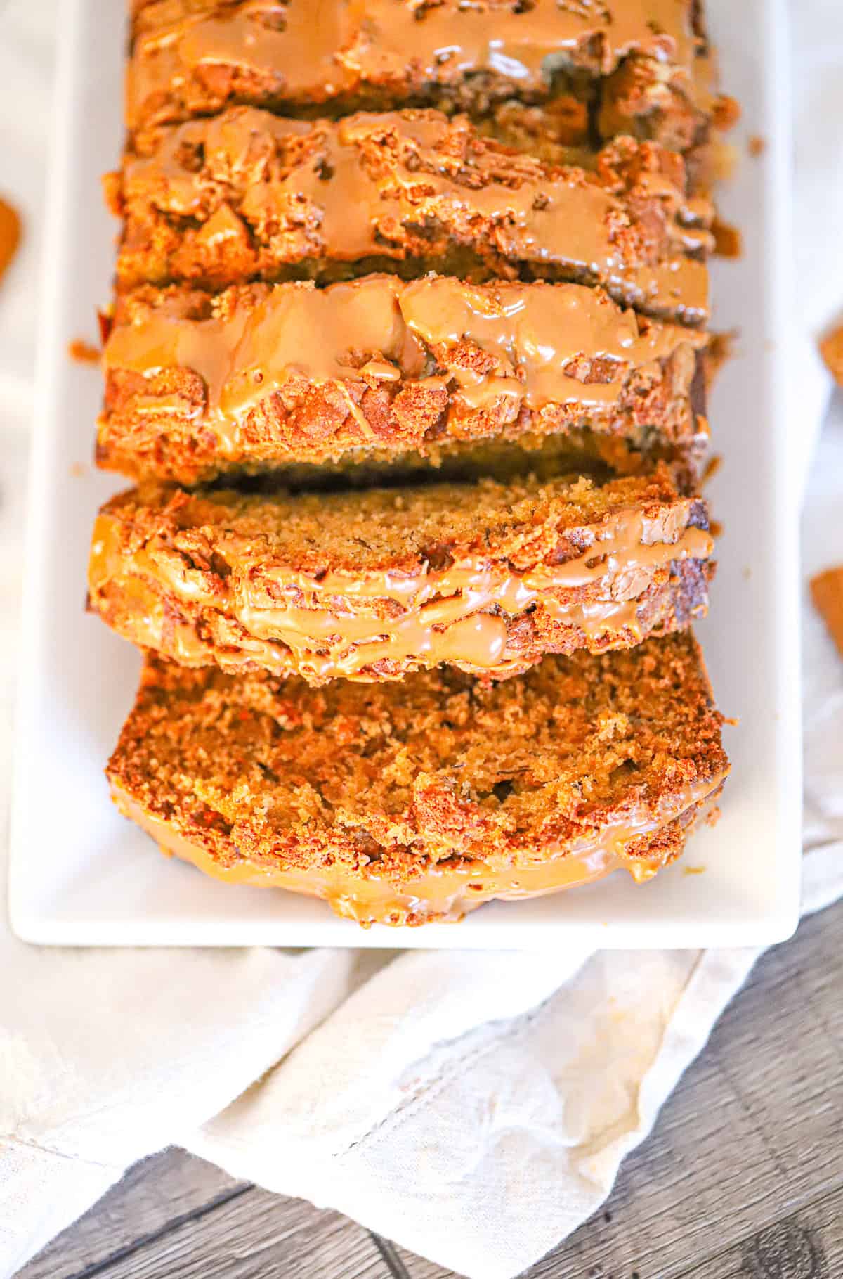 Slice of Biscoff banana bread with visible cookie butter swirl