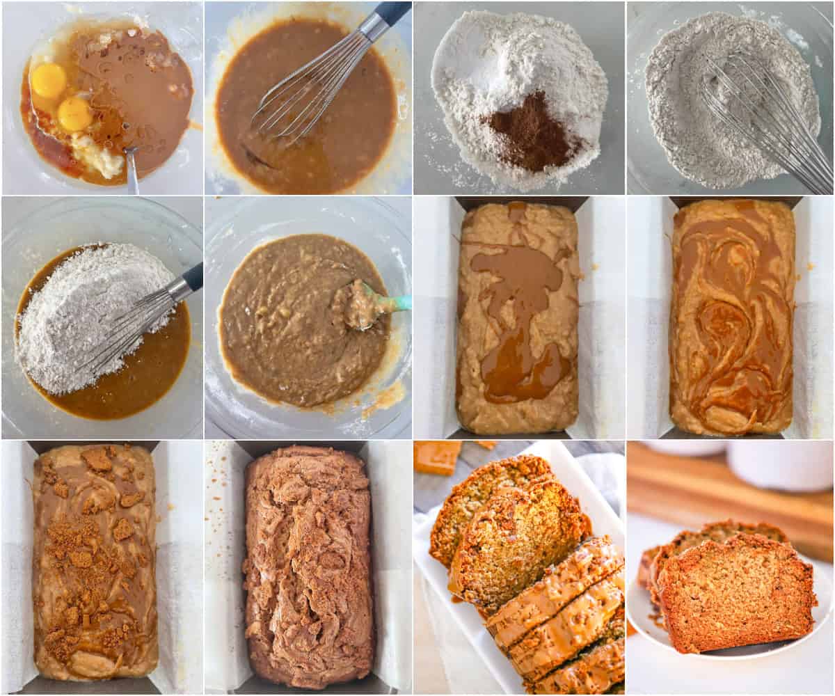 Overhead view of Biscoff banana bread with swirl pattern on top