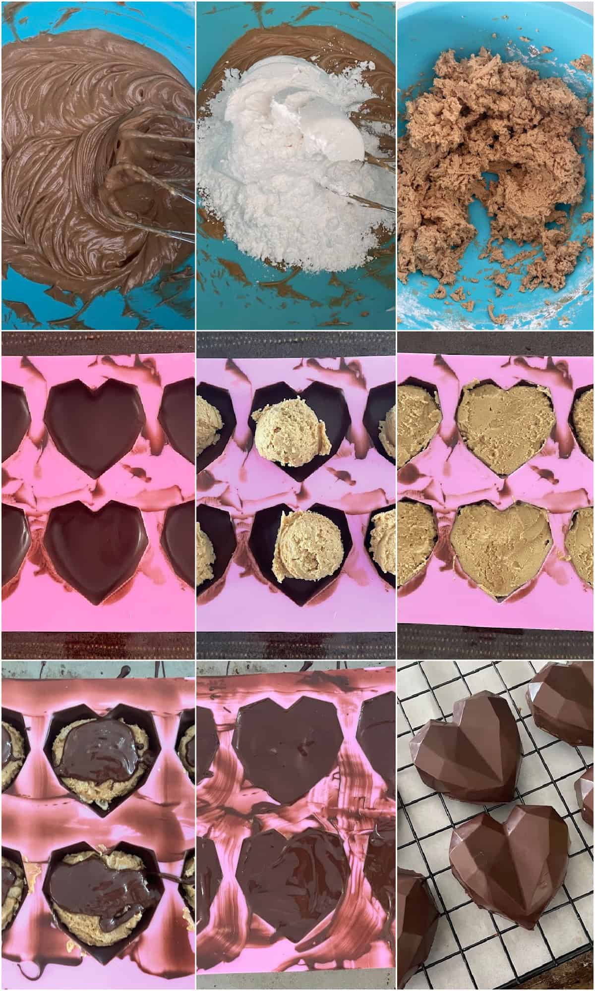 Stack of copycat Reese's peanut butter hearts showing layers of chocolate and peanut butter