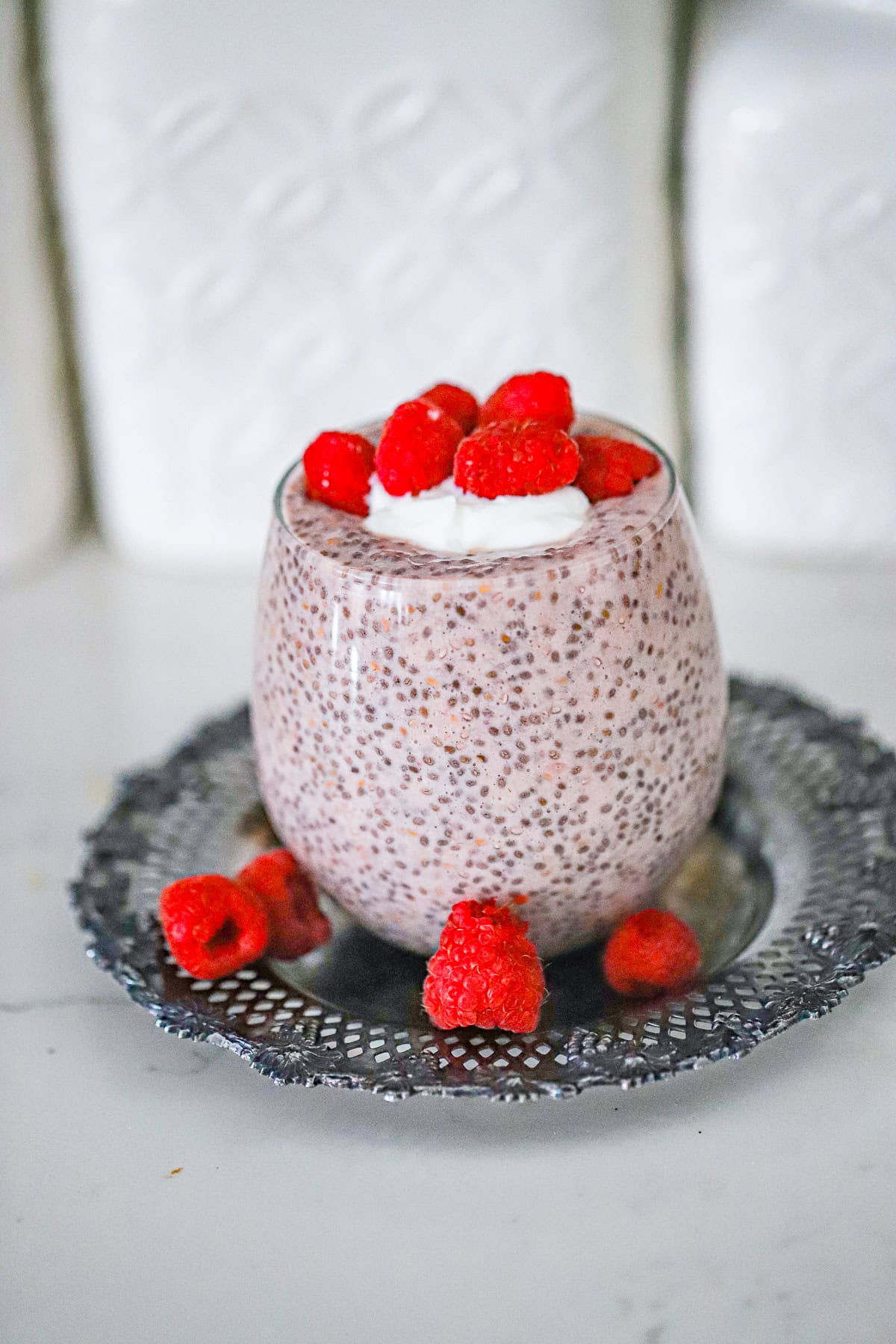 creamy raspberry chia pudding ready to serve
