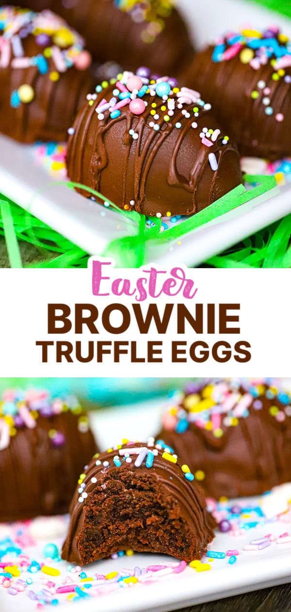 Stacked chocolate brownie truffle eggs with Easter sprinkles