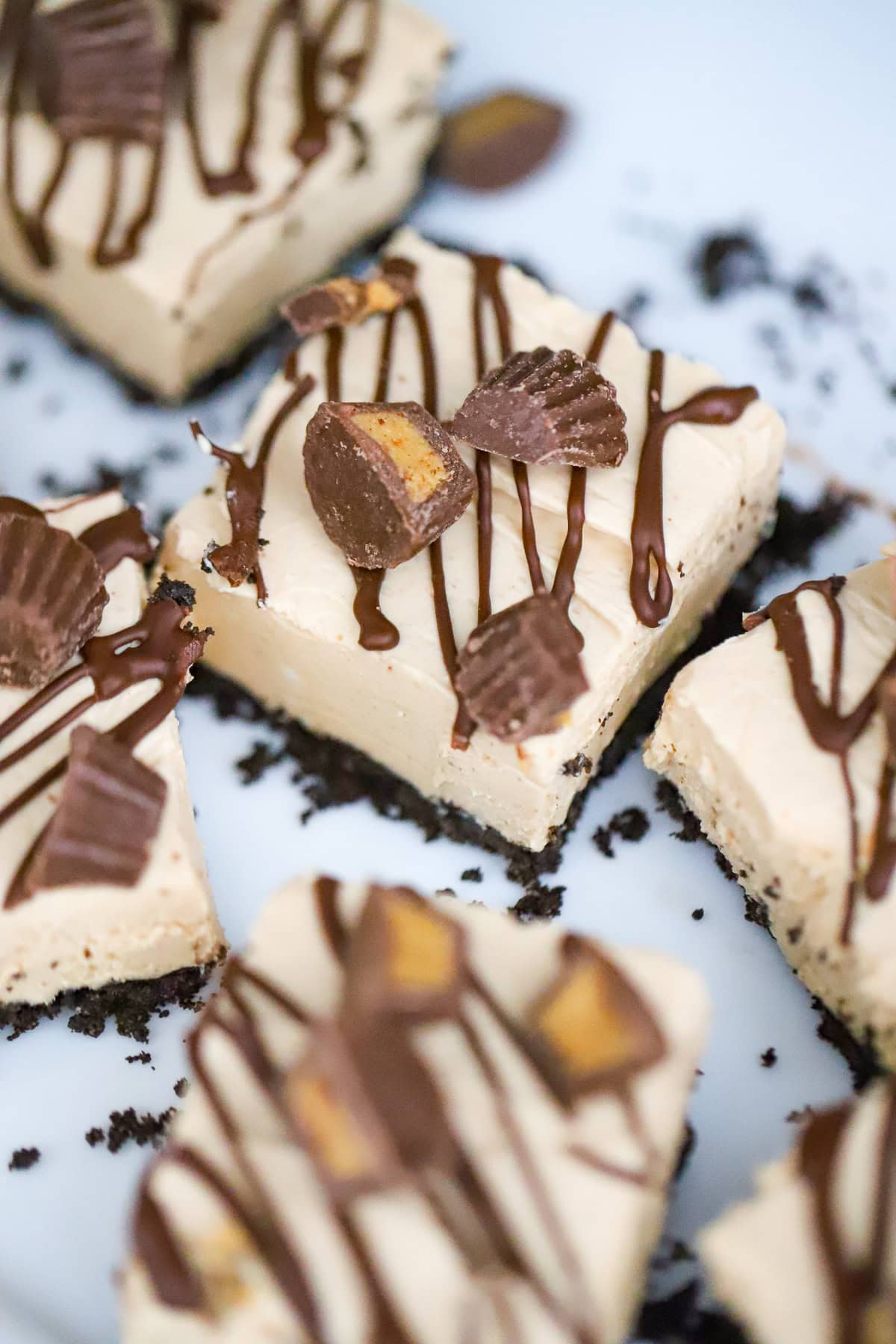 No-bake protein cheesecake bars with melted chocolate topping
