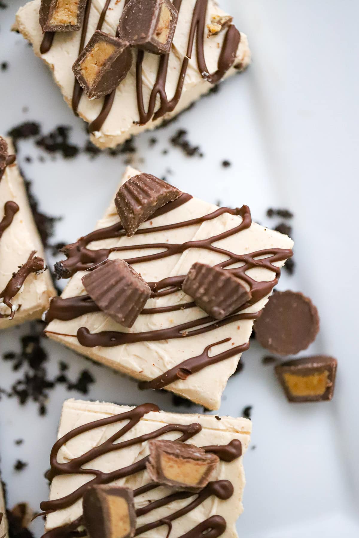 Close-up of peanut butter cup protein cheesecake with chocolate drizzle