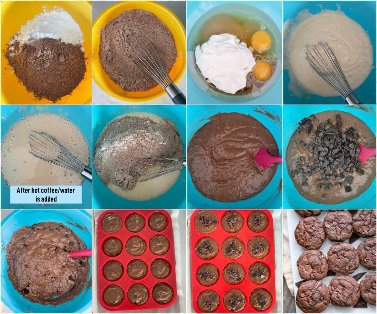 Rich dark batter with cocoa powder in mixing bowl