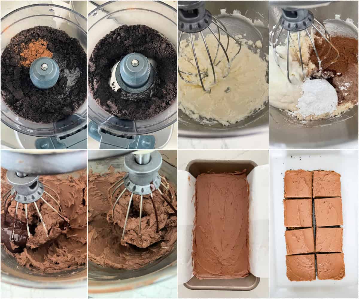 Thick slices of chocolate fudge protein cheesecake with cookie crust
