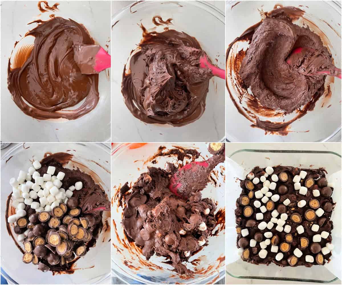 Malted milk ball marshmallow fudge sliced into squares showing gooey marshmallow pockets