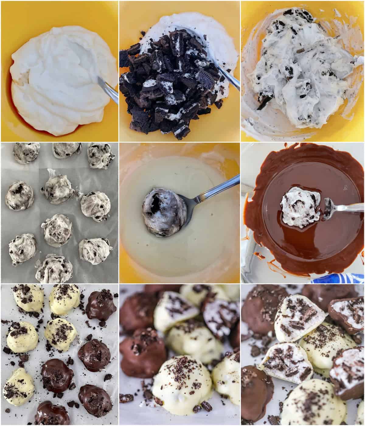 White chocolate dipped Oreo yogurt bites with crushed cookie topping frozen oreo clusters