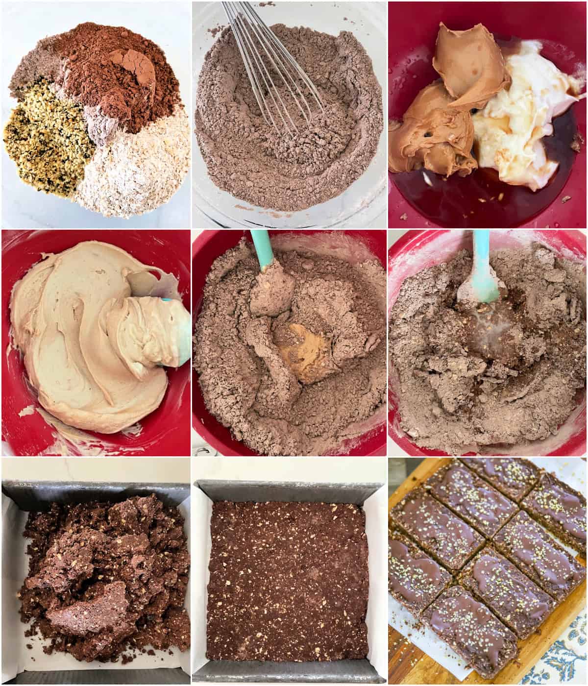 Step by step collage showing how to make no bake chocolate hemp seed protein bars