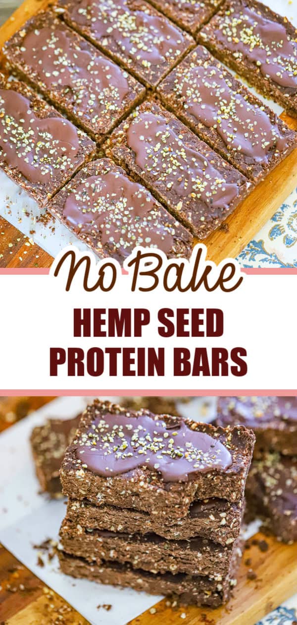 No bake chocolate hemp seed protein bars recipe pin with text overlay