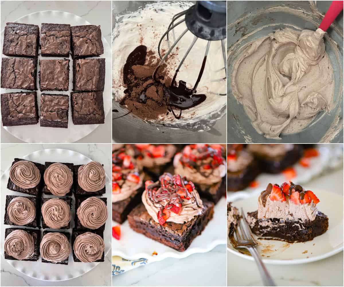 Finished batch of brownies with strawberries and chocolate drizzle on a board