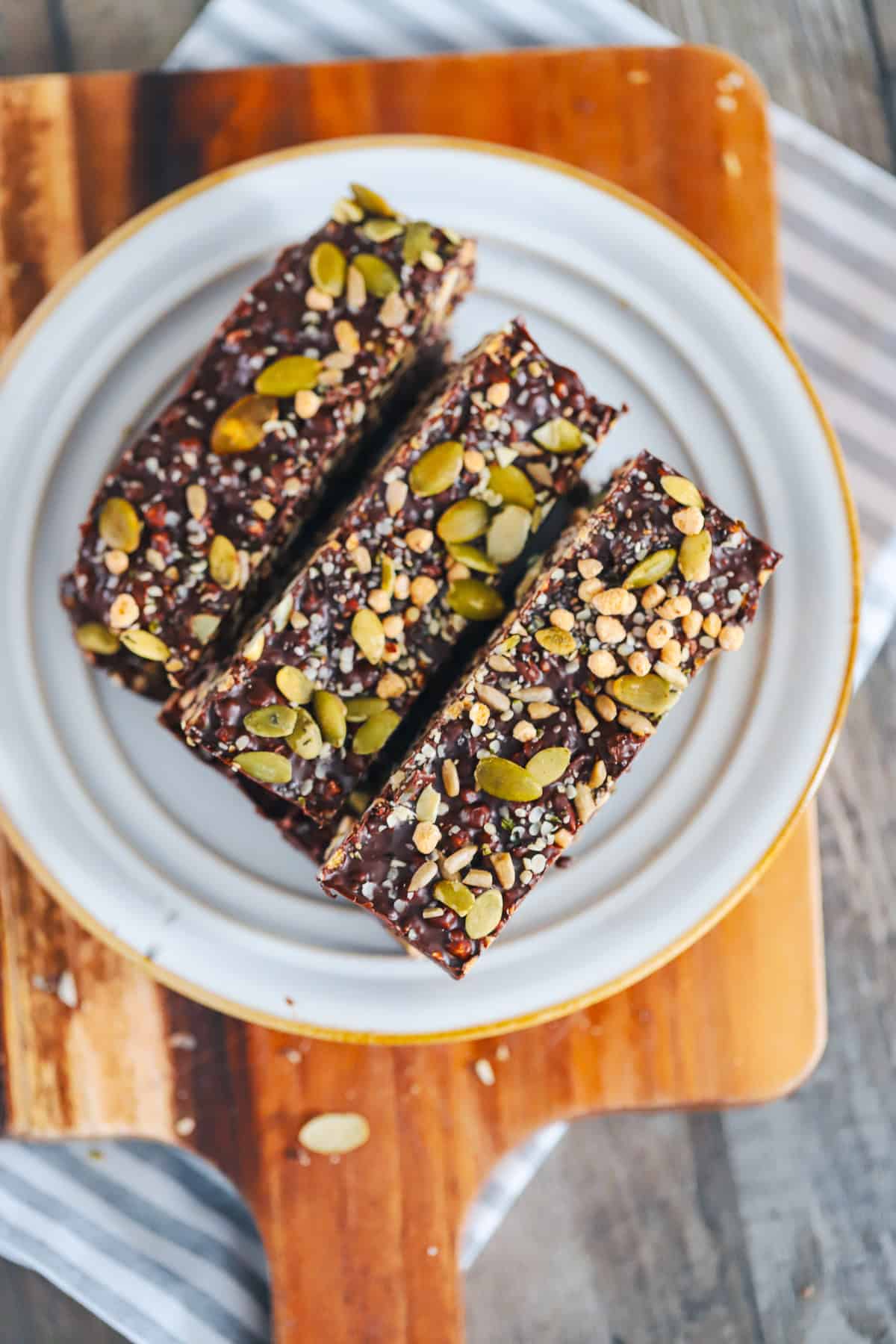 Chocolate seed fudge bars on a plate ready to serve