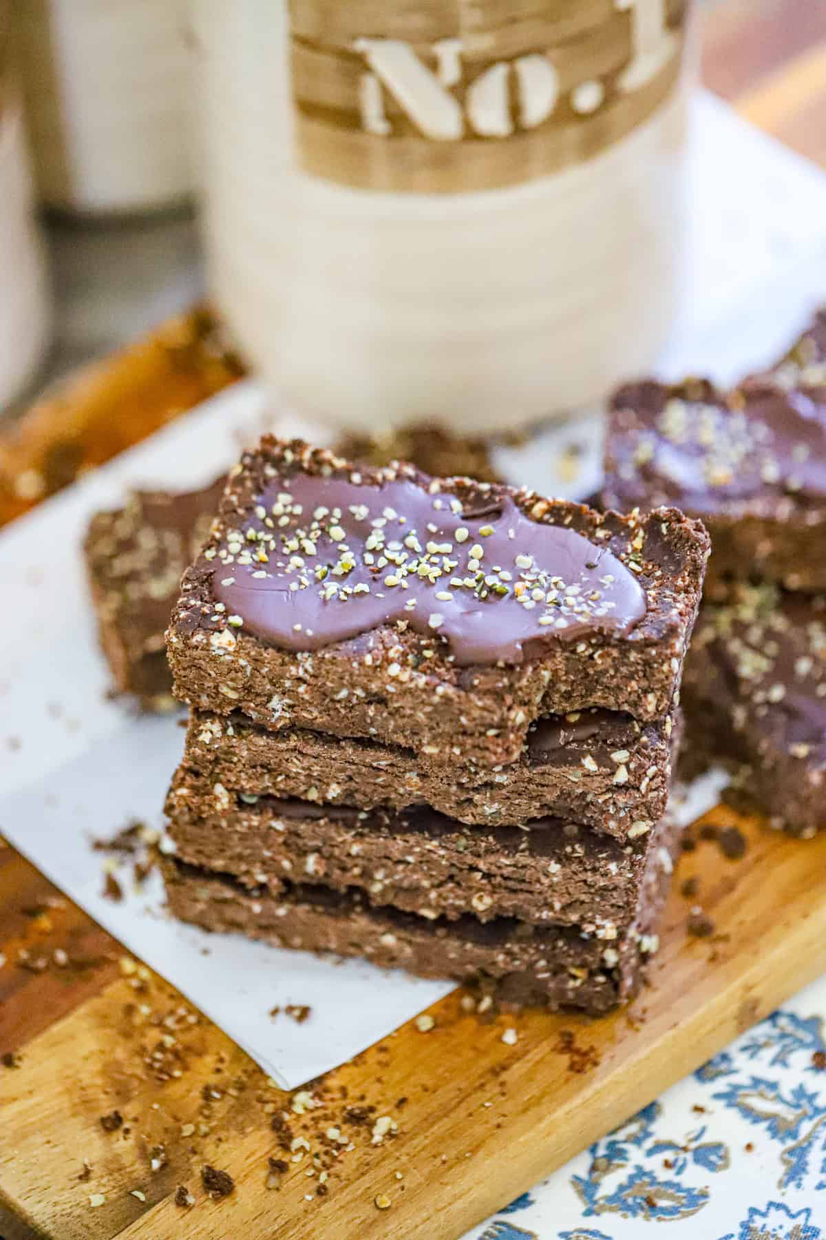 Ingredients for chocolate hemp protein bars laid out on a counter