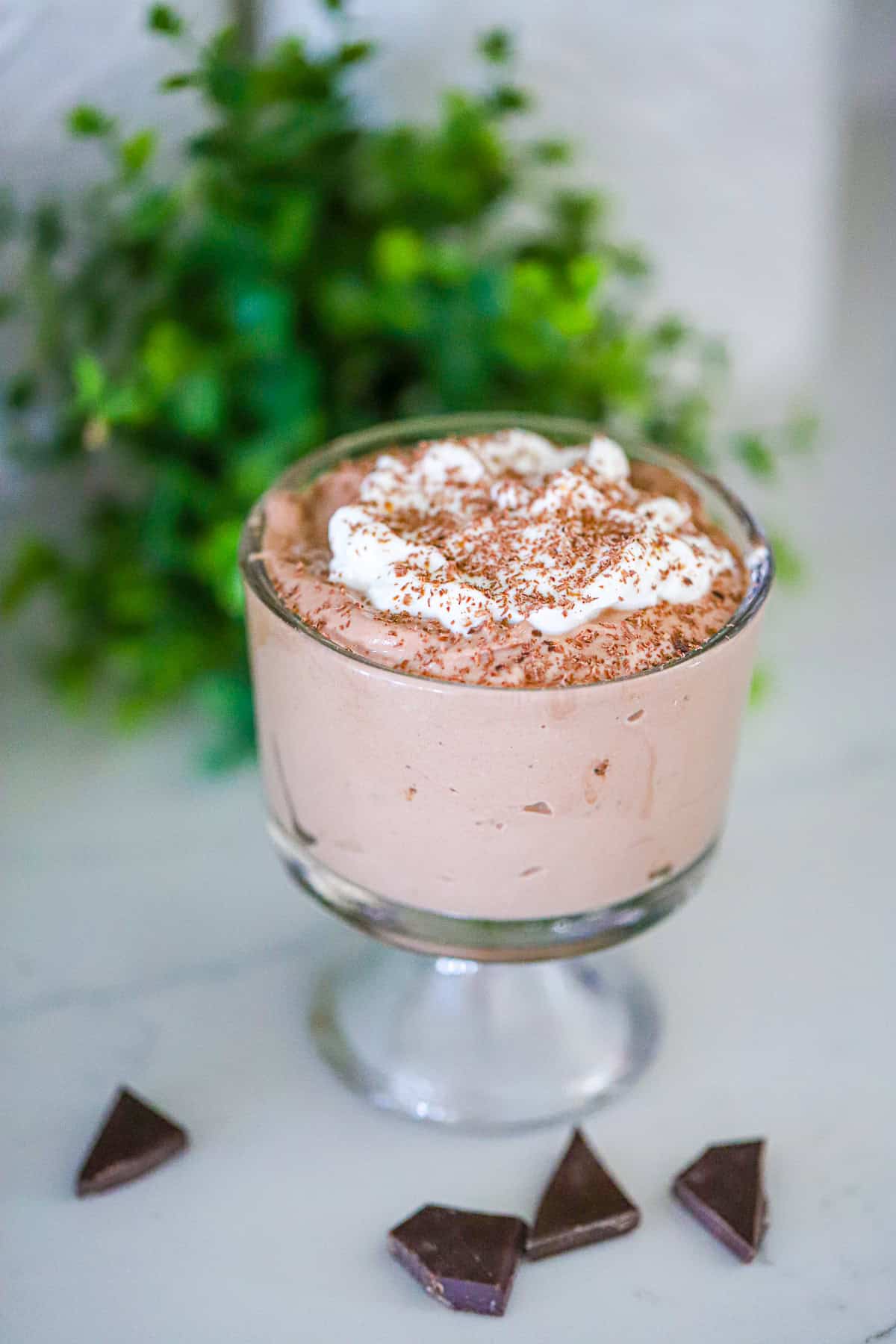 Rich cocoa dessert topped with raspberries and dark chocolate shavings