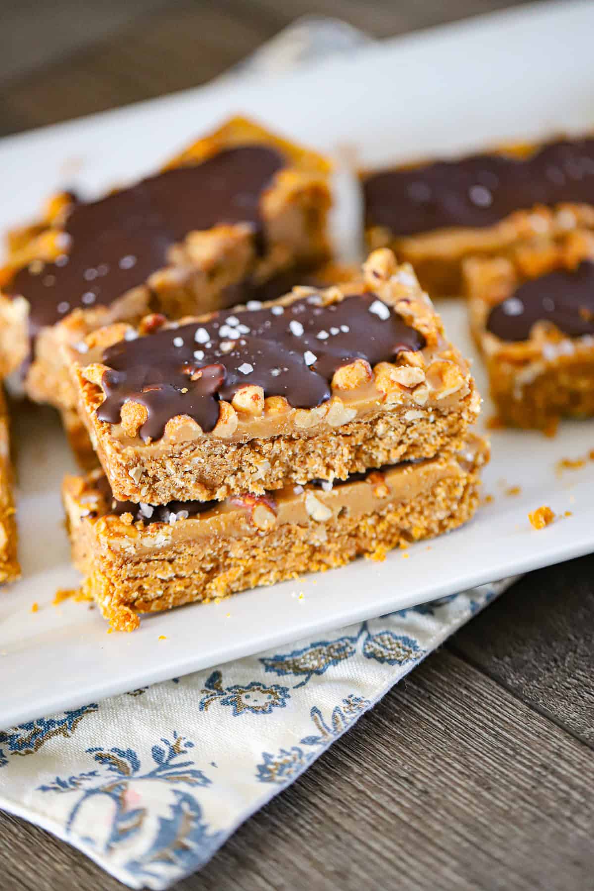 Thick chewy peanut butter nougat layer with roasted peanuts and chocolate coating