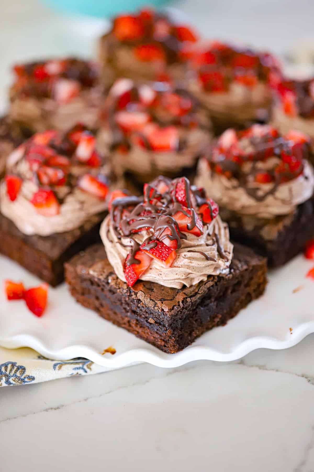 Brownies with Whipped Chocolate Frosting & Strawberries