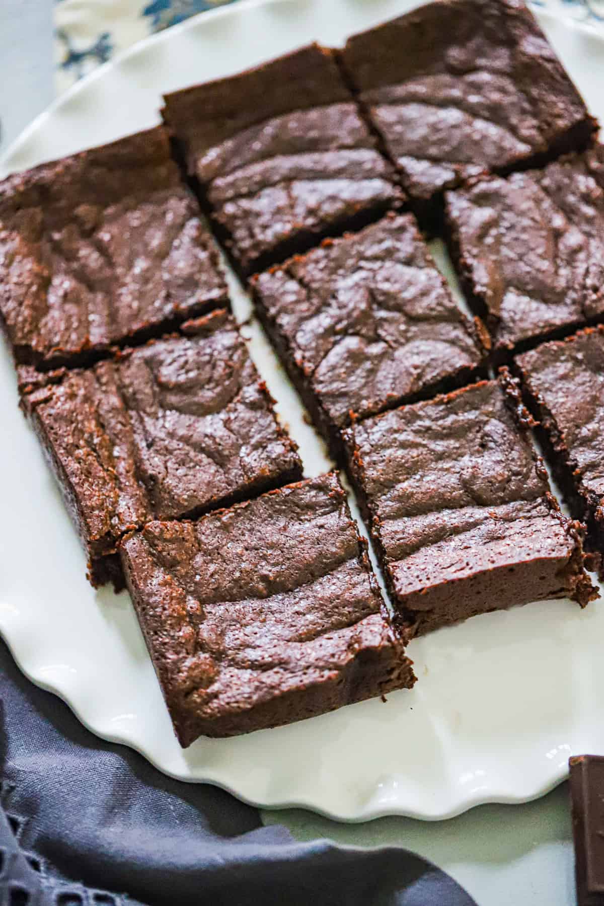 Fudgy chocolate brownie squares on a plate ready to serve