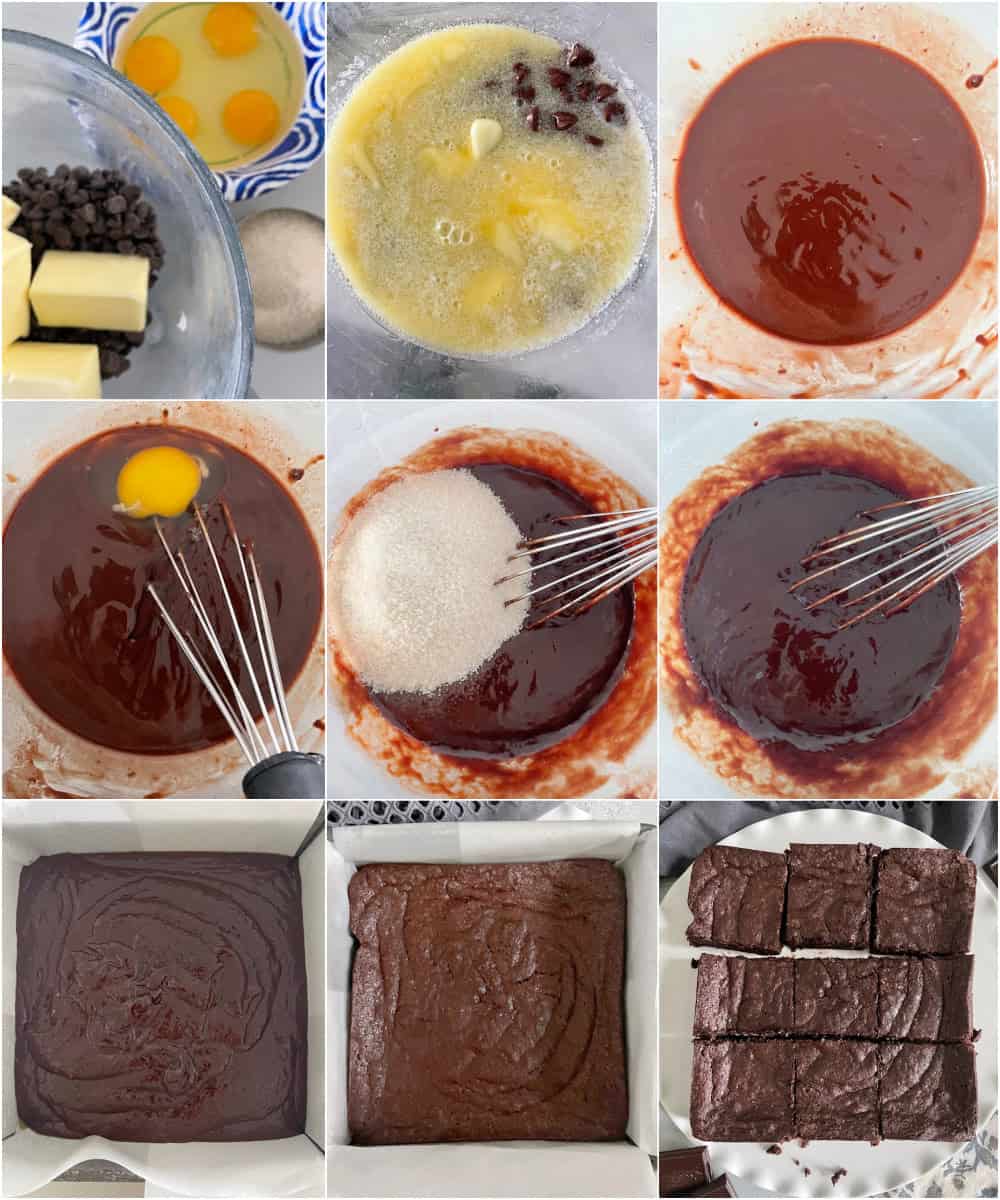 Dense glossy 4 ingredient brownies cut into squares