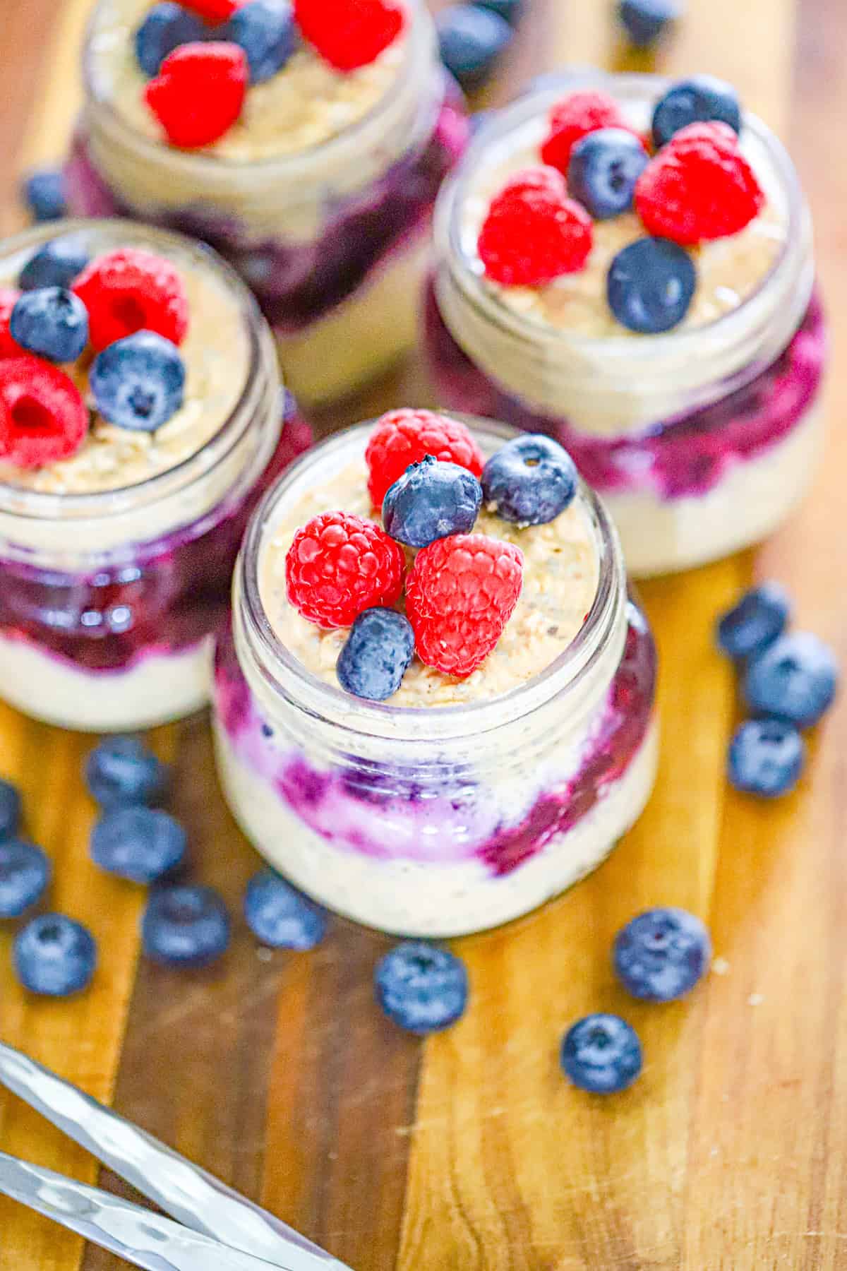 Ingredients for blueberry protein overnight oats including oats, chia seeds, and blueberries