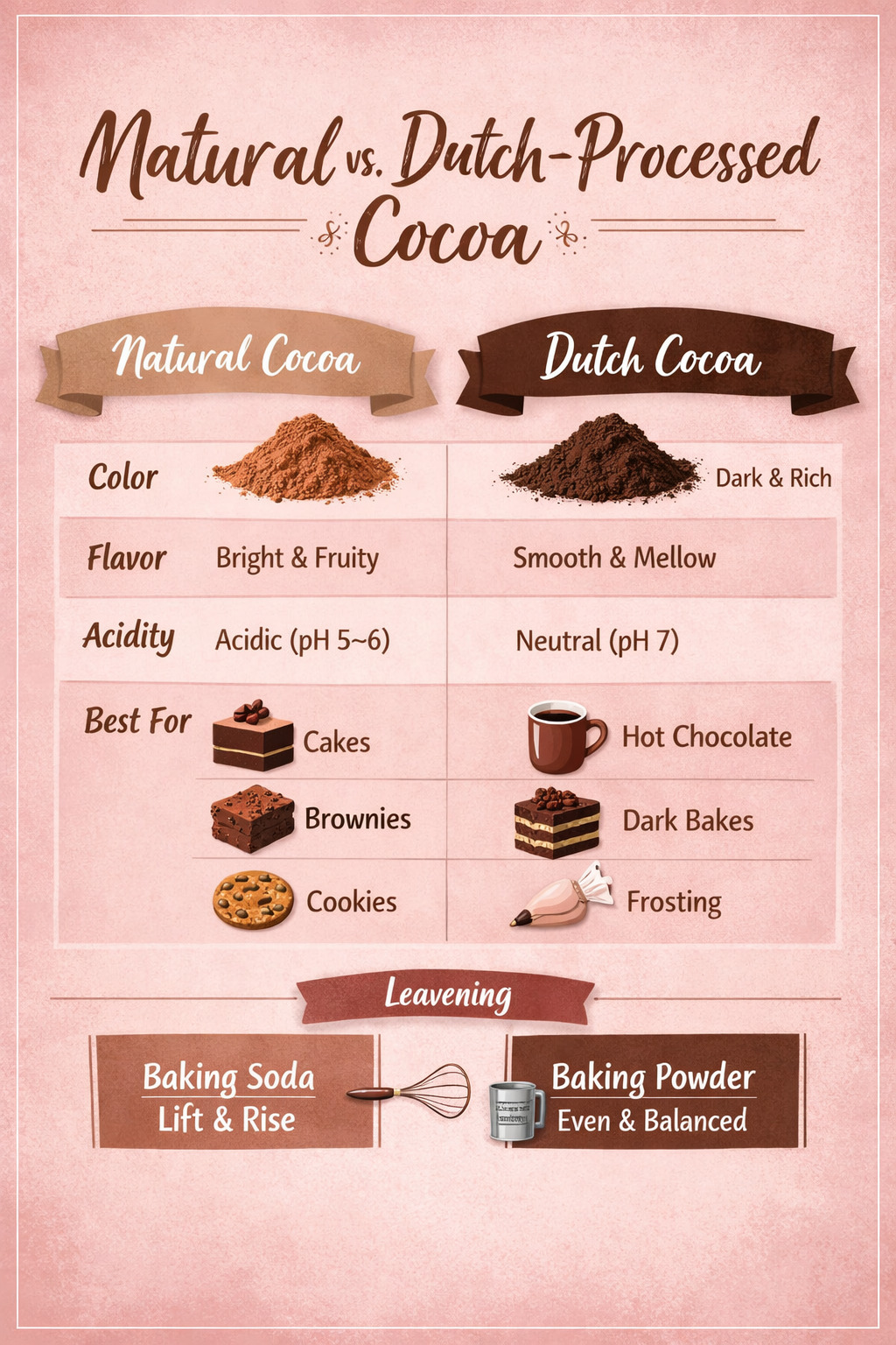 Warm pink cocoa comparison chart showing natural vs Dutch‑processed cocoa with color, flavor, acidity, and best‑use differences.