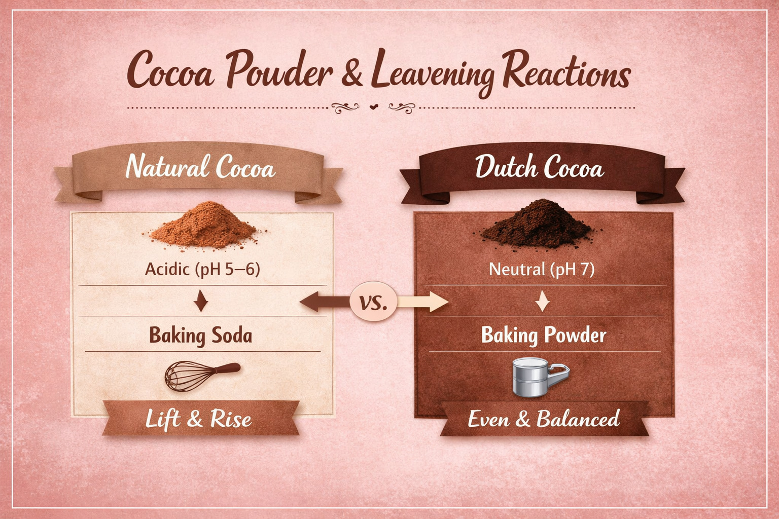 Soft pink infographic showing how natural cocoa reacts with baking soda and Dutch cocoa reacts with baking powder, with cozy brown accents