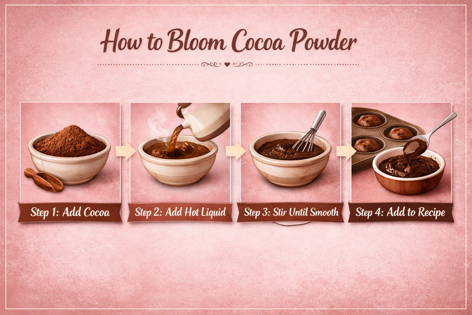 Four‑step cocoa blooming infographic on a warm pink background showing cocoa in a bowl, hot liquid added, whisking to smooth, and adding to batter.