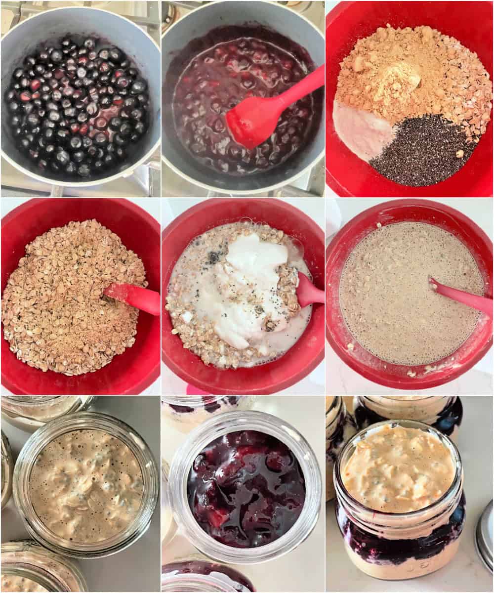 Blueberry protein overnight oats in a mason jar topped with fresh raspberries
