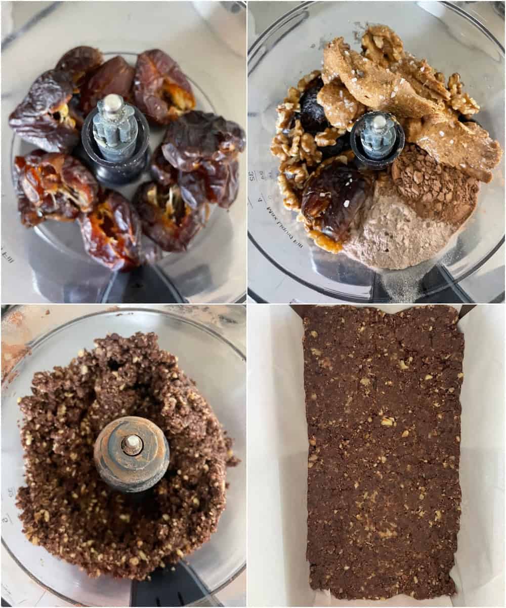 Thick fudgy date bars with chocolate chips sliced on a cutting board