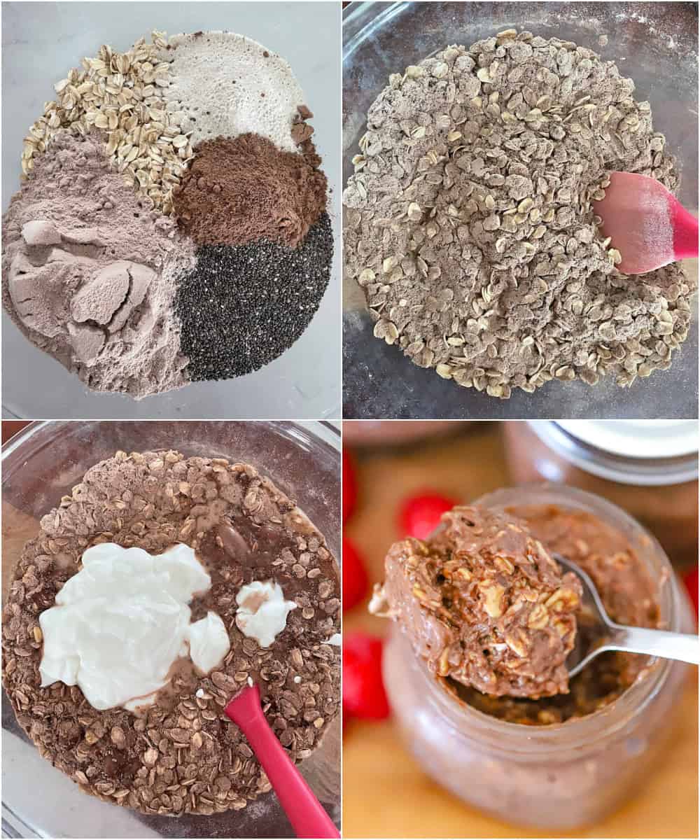 Brownie overnight oats served in a mason jar with chocolate chips