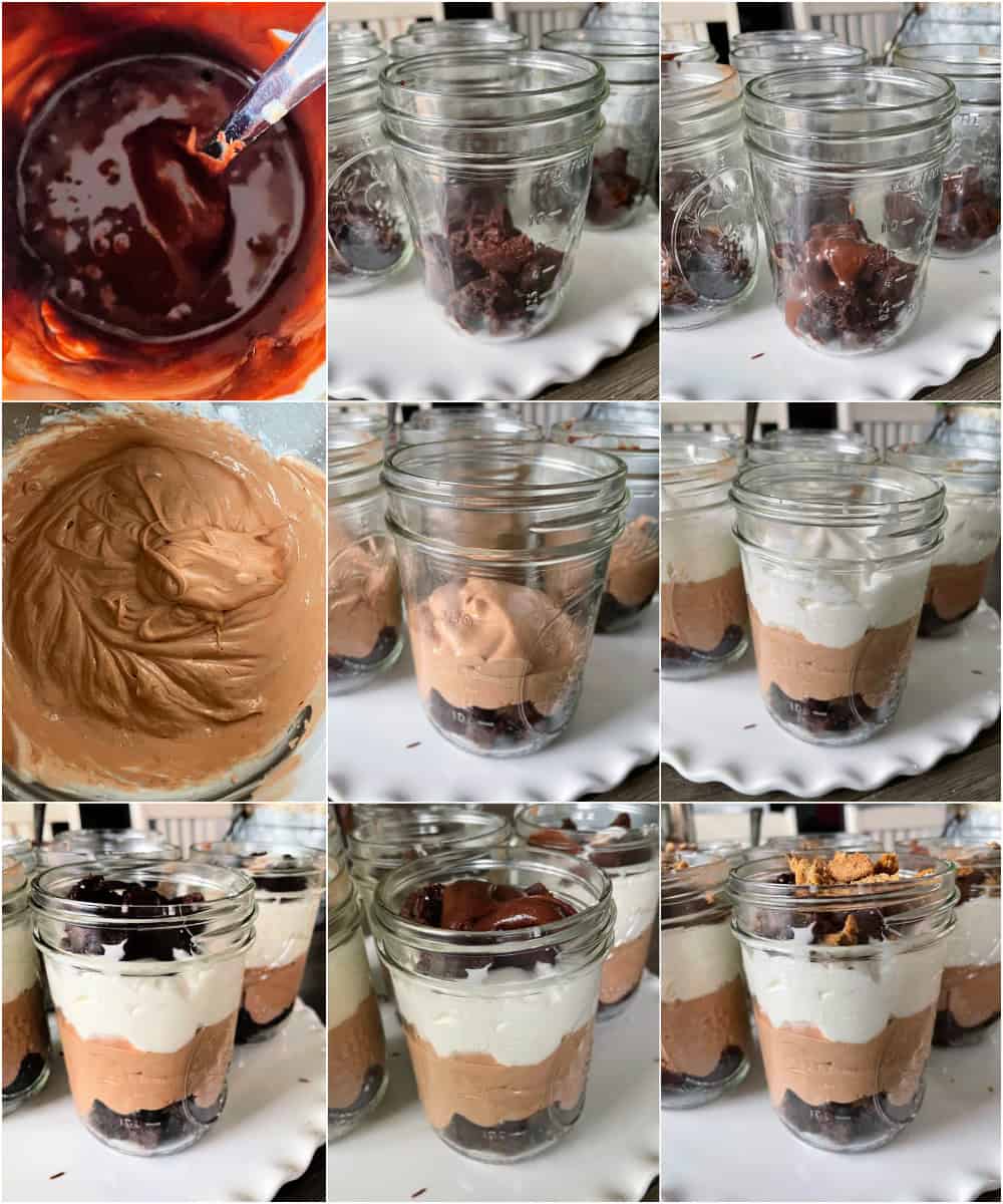 Layered chocolate brownie parfait dessert in a single jar