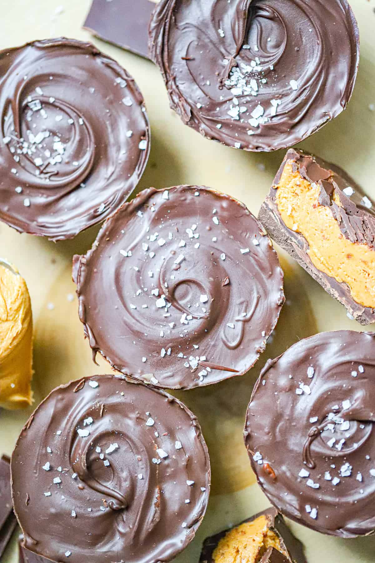 Thick chocolatey treat broken open showing creamy filling