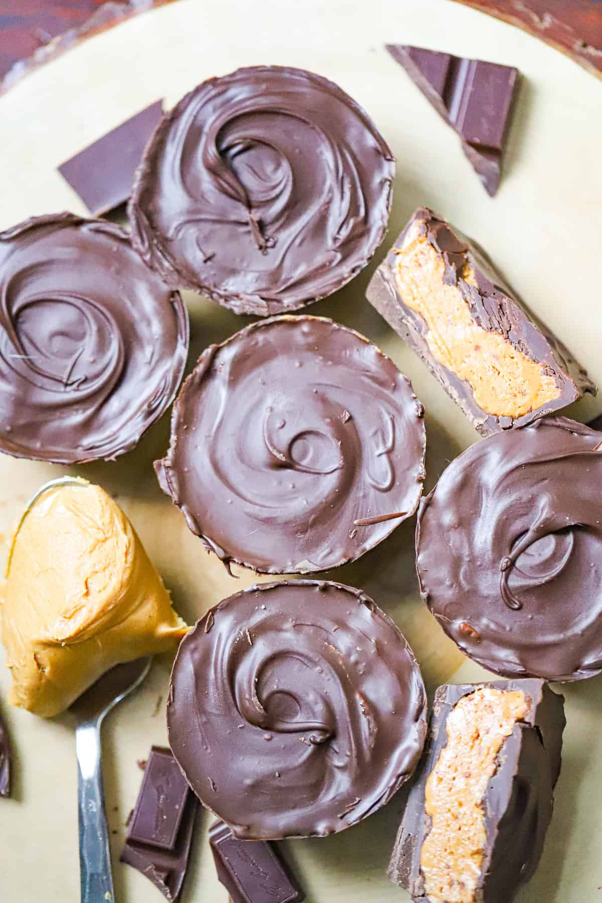 Thick high protein peanut butter cups with crunchy chocolate topping