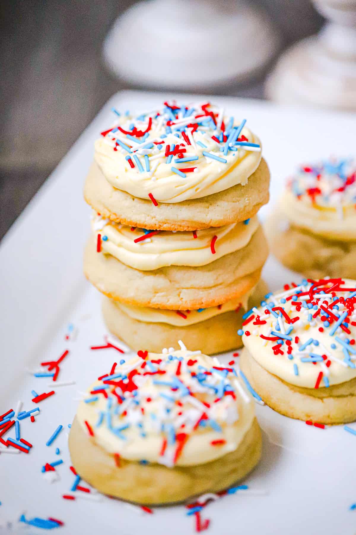 Stack of frosted red white and blue sugar cookies for the 4th of July