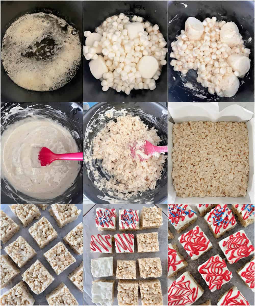 Brown butter rice krispie squares cut and ready for dipping