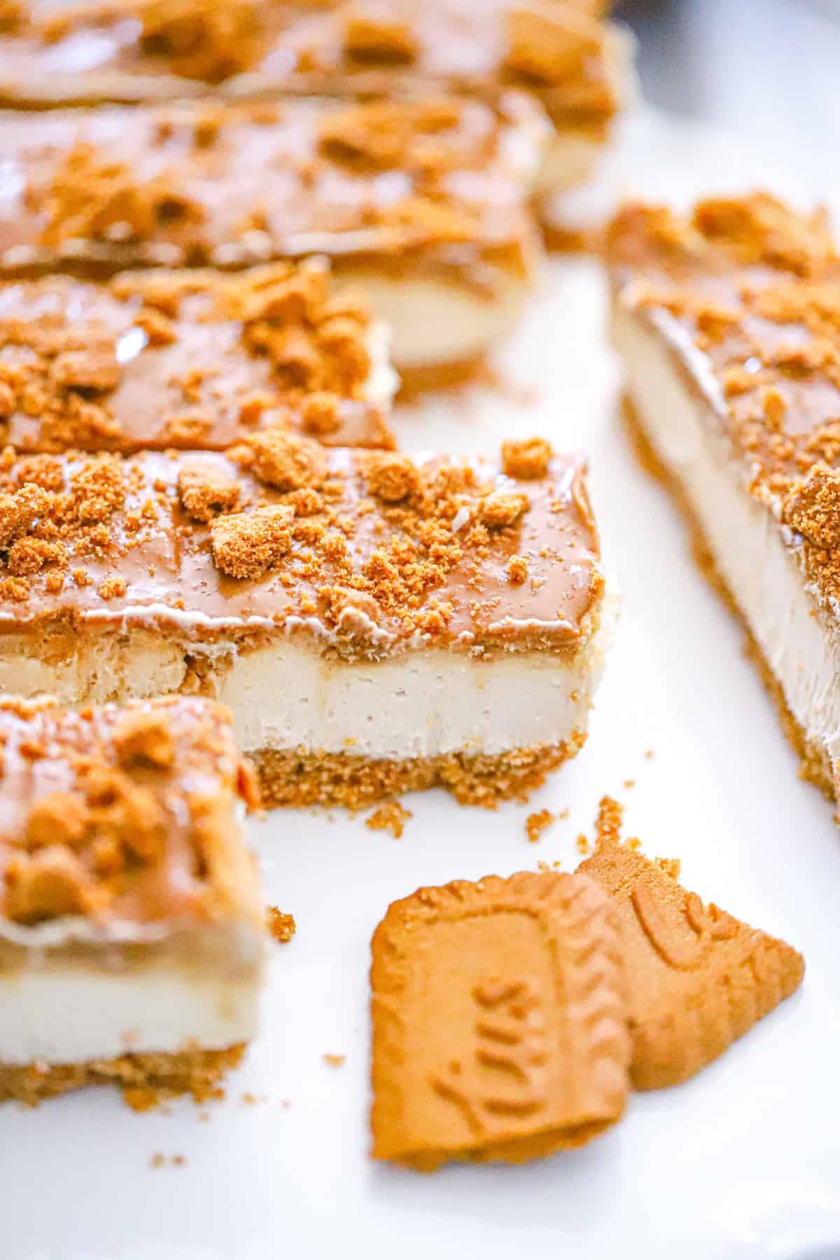 Biscoff protein cheesecake bars on parchment paper