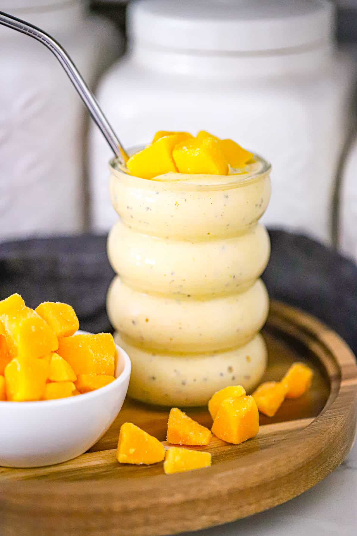 thick and creamy mango protein smoothie blended until smooth