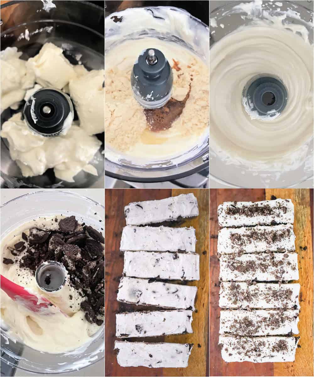 Thick slices of cookies and cream protein cheesecake with an Oreo crust