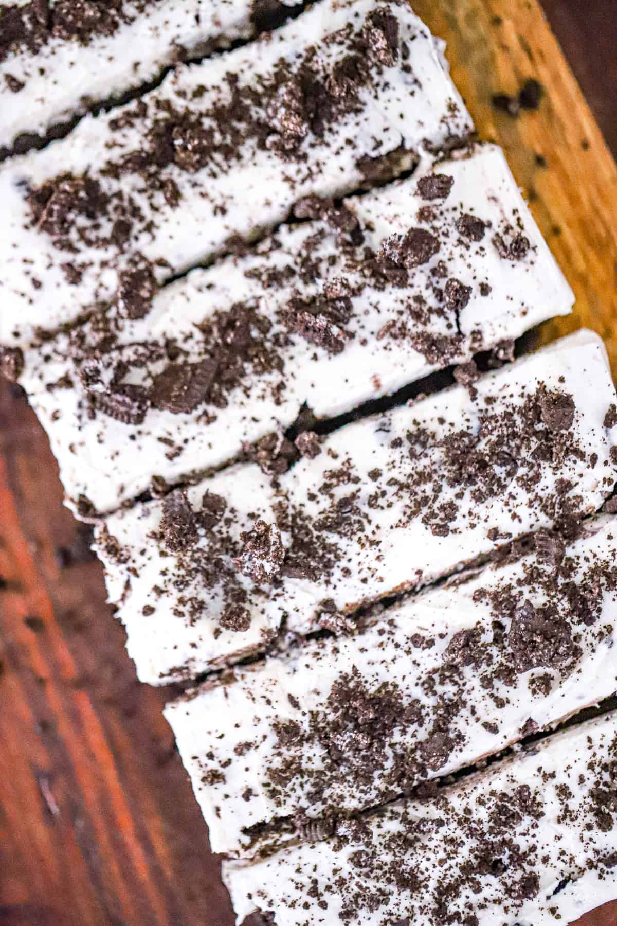 Cookies and cream protein cheesecake topped with crushed Oreos